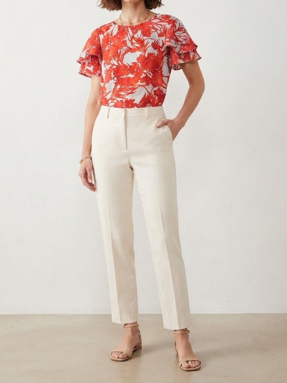 Banana Republic Red Floral Short-Sleeve Blouse